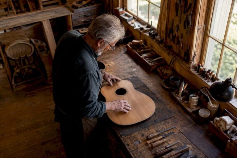Mit den Fingern sanft auf das alte Holz einer Vintage-Gitarre klopfen