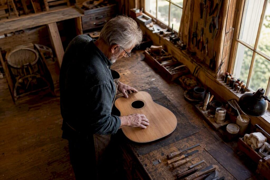 Mit den Fingern sanft auf das alte Holz einer Vintage-Gitarre klopfen