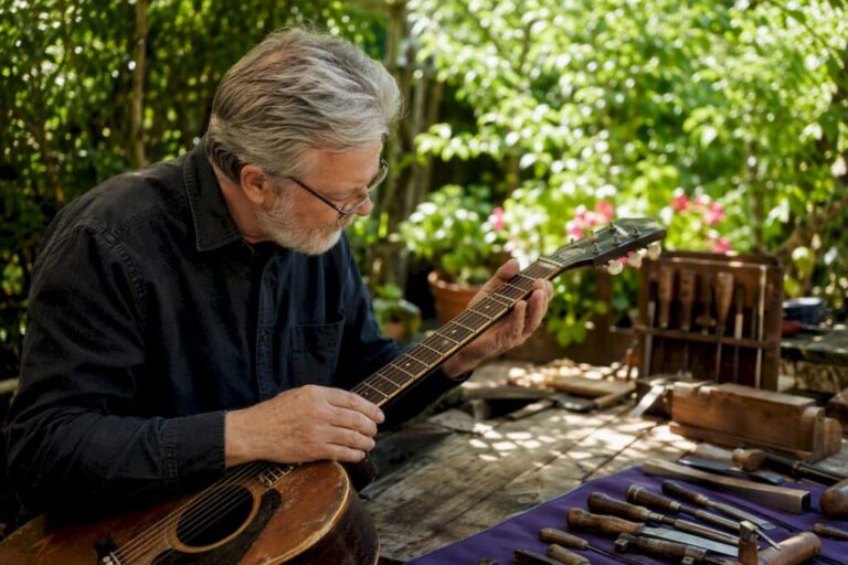 Hands inspecting vintage guitar closely