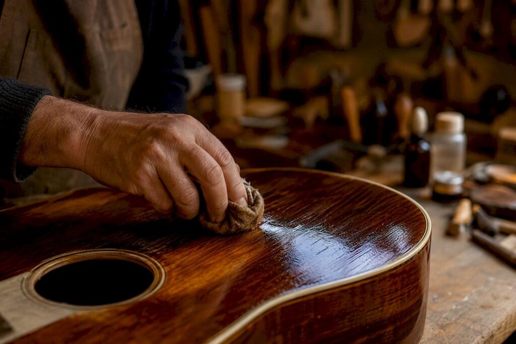 Eine Gitarre von Hand mit einem Schellack-Tampon auf Hochglanz polieren.