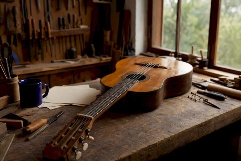 Vintage guitar and inspection tools on table
