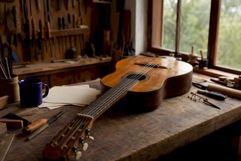 Vintage guitar and inspection tools on table