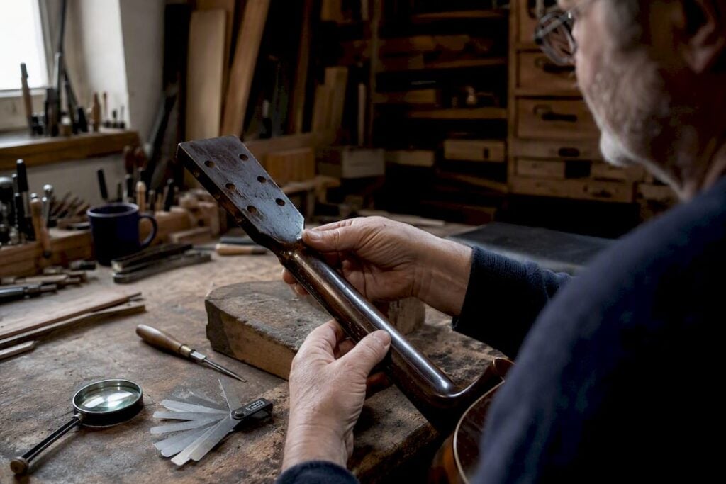 Hands inspecting vintage guitar neck closely