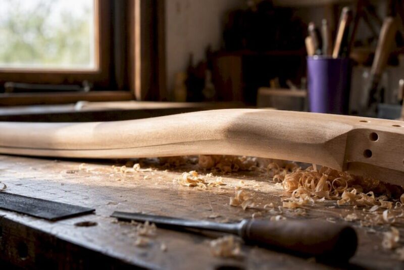 Close-up of curved guitar neck profile