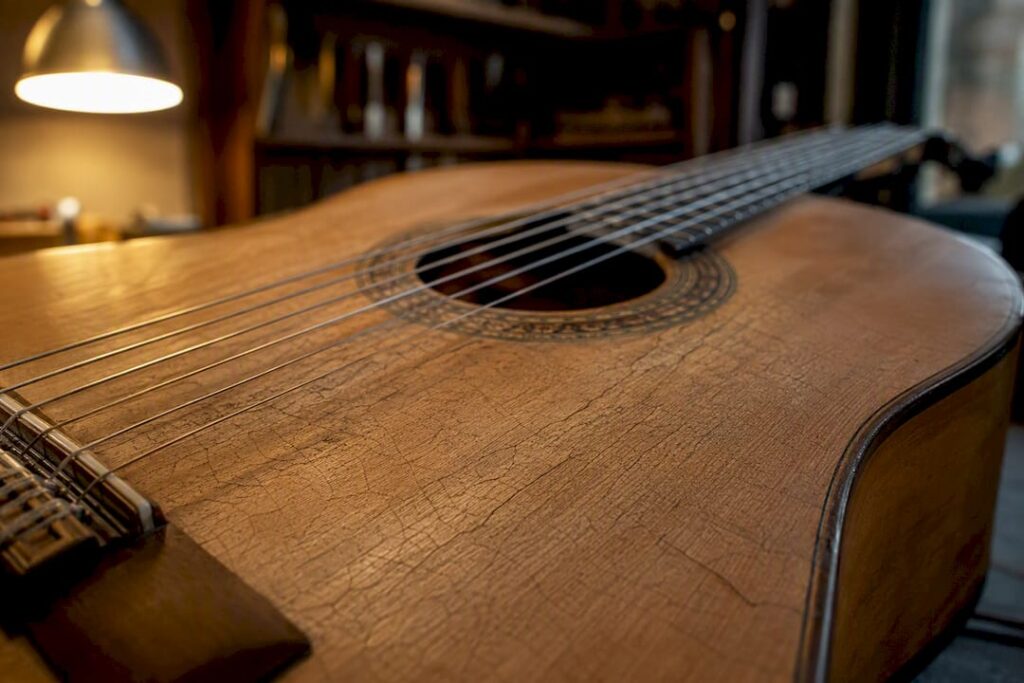 Risse im Schallbrett einer Vintage-Gitarre in der Nähe des Stegs
