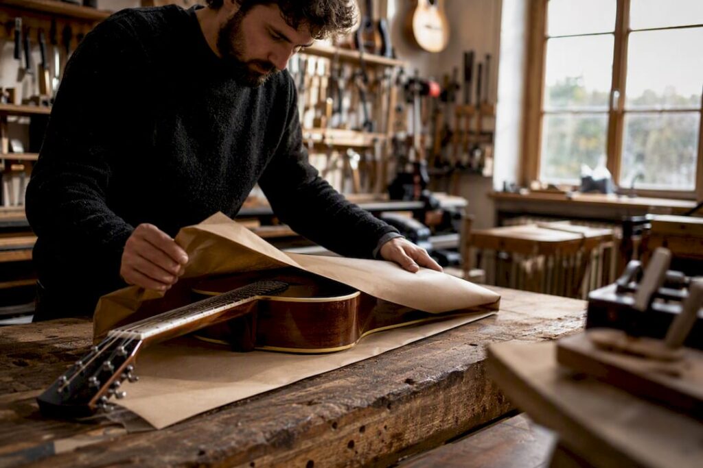 Hände, die eine Vintage-Gitarre für den Versand verpacken