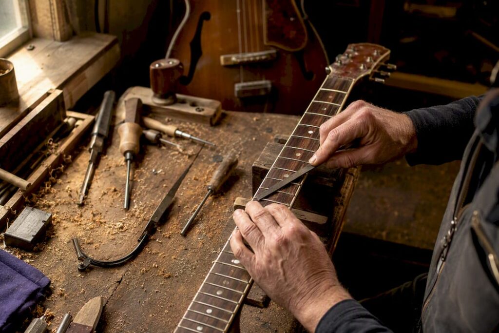 Hands fret dressing vintage guitar neck