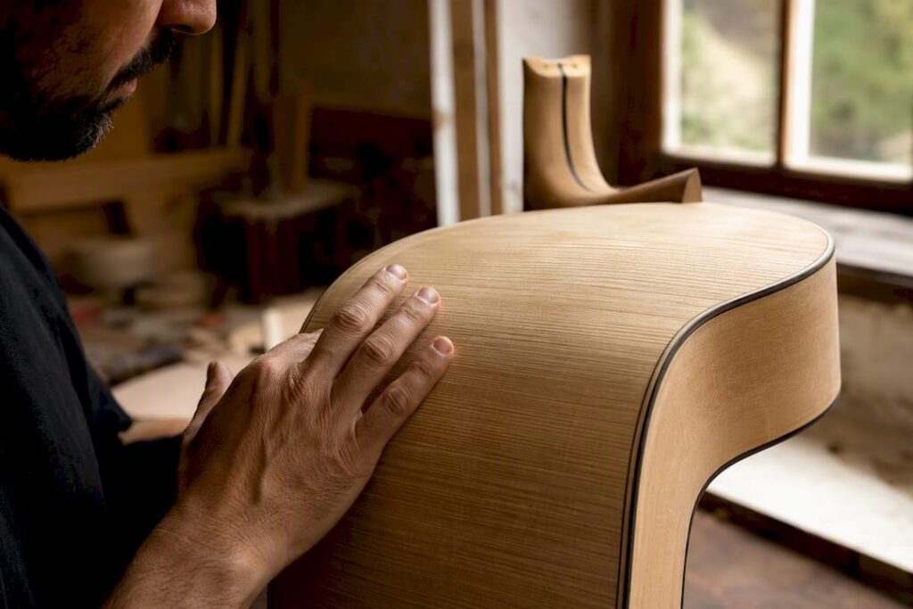 Gitarrenbauer prüft die Holzmaserung einer Flamenco-Gitarre