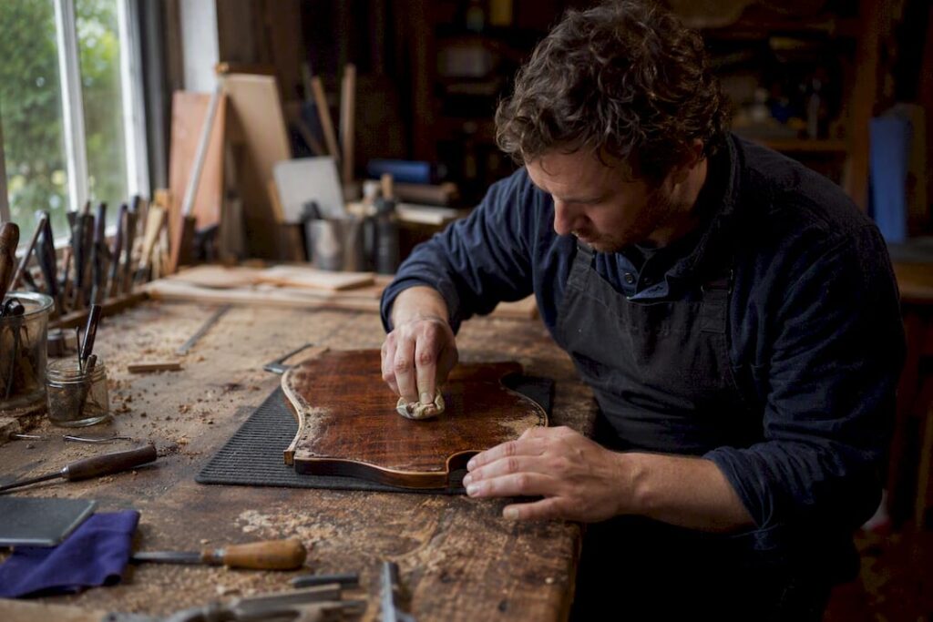 Close-up of guitar wood being restored