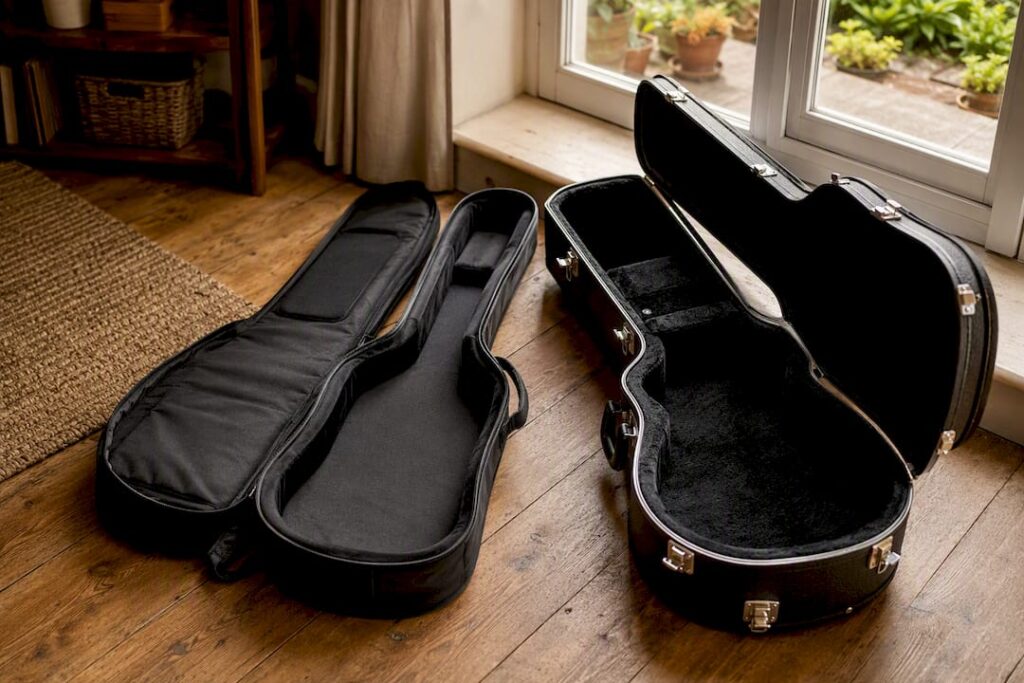 Gigbag und Hartschalen-Gitarrenkoffer nebeneinander