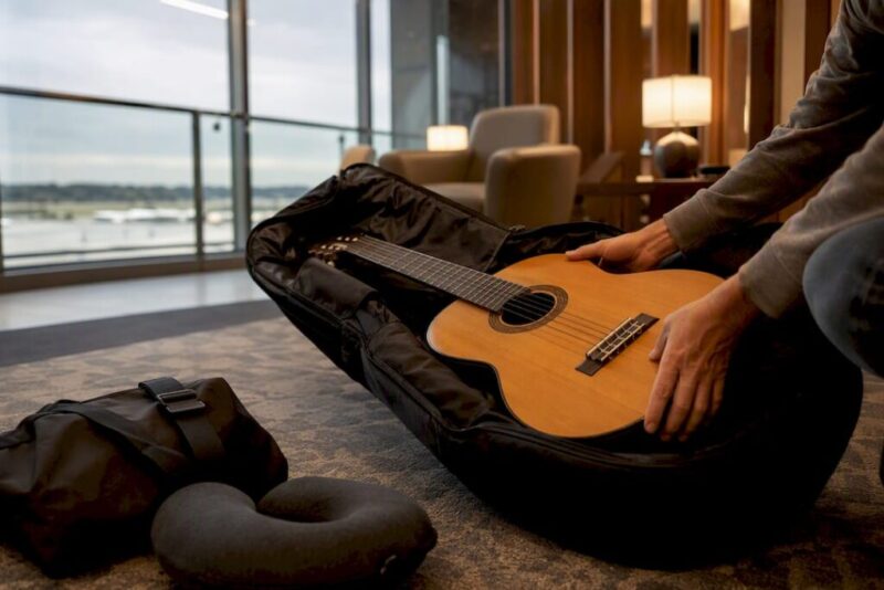 Hände packen eine klassische Gitarre in einen Hartschalenkoffer ein