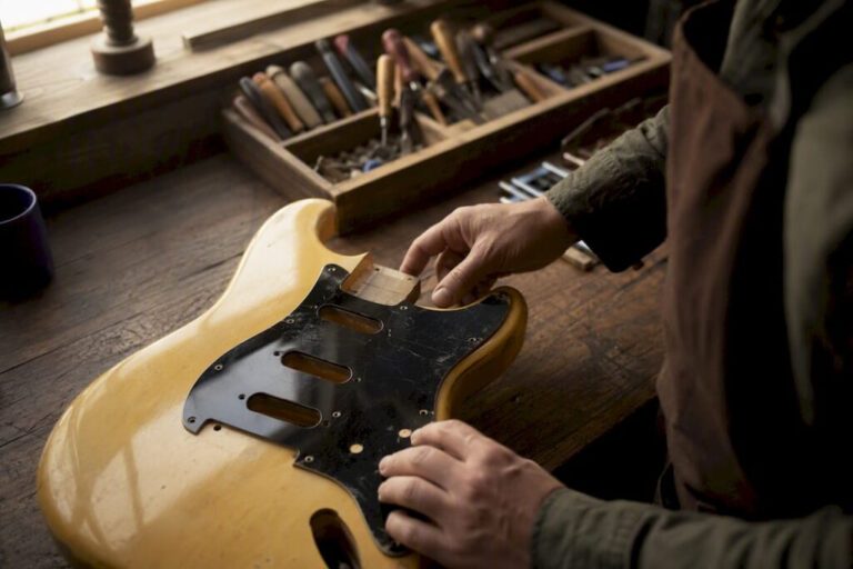 Hands inspecting vintage guitar black pickguard