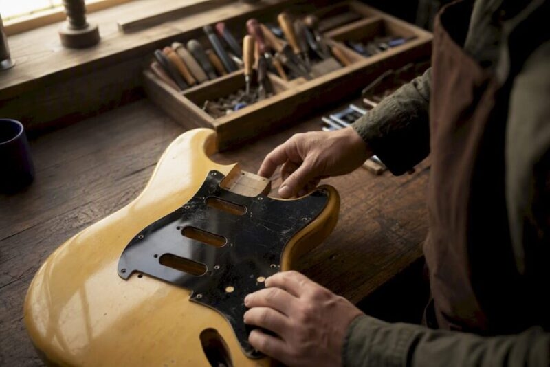 Hands inspecting vintage guitar black pickguard
