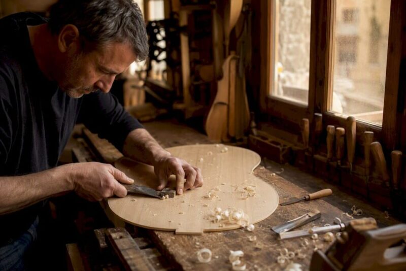 Gitarrenbauer schnitzt die Decke einer Granada-Gitarre von Hand