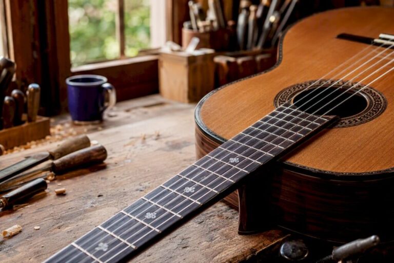 Close-up of vintage guitar rosewood fingerboard