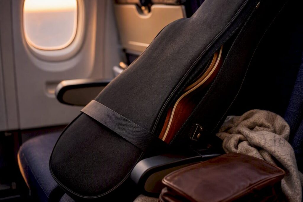 Guitar travel case in airplane seat
