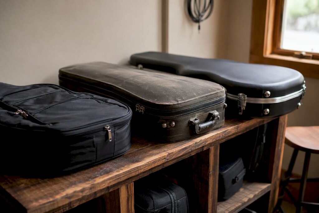 Varied guitar cases on table