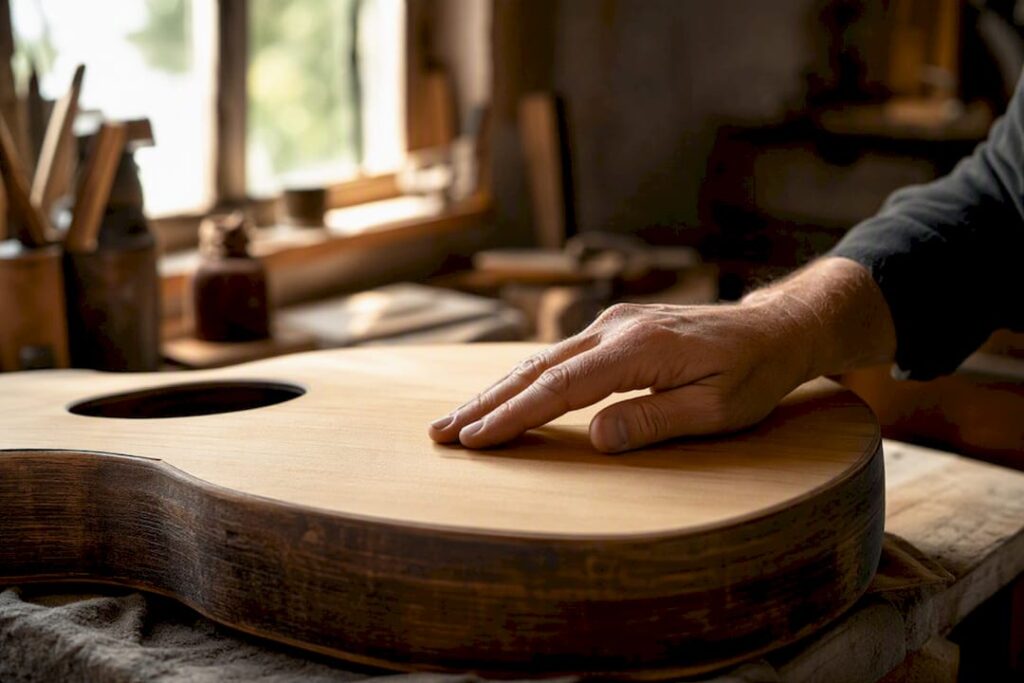 Hand klopft auf die Decke einer Akustikgitarre