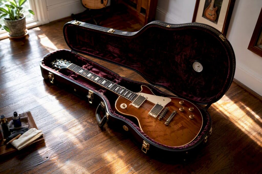 Vintage guitar in open case with humidity gauge