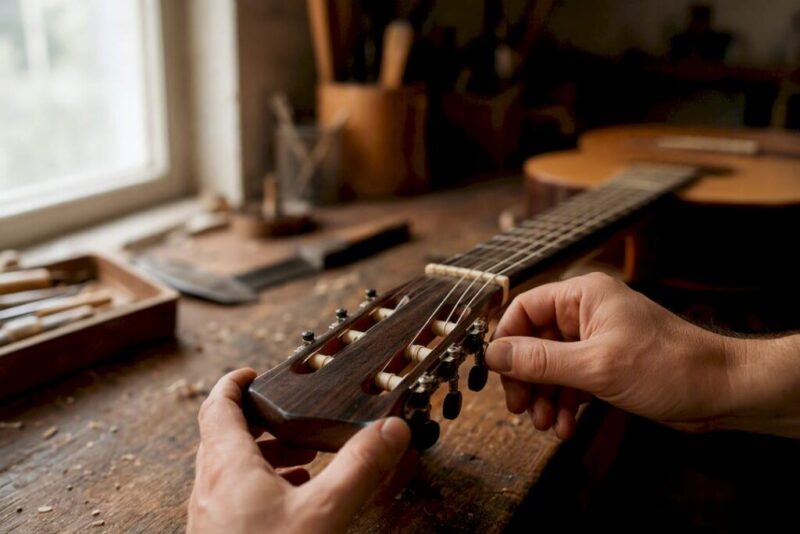 Nahaufnahme von Händen, die Gitarrensaiten lockern