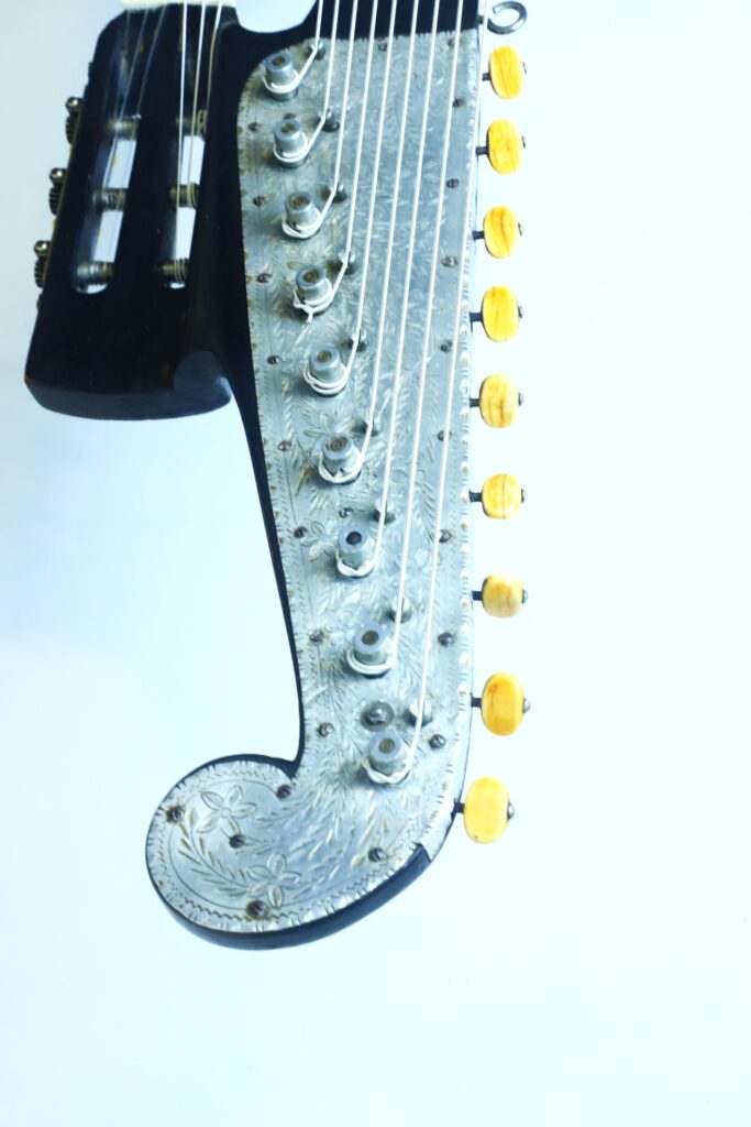 Nahaufnahme des Kopfstücks der Kontragitarre „Gustav Keller Stauffer Stil 1900“ mit kunstvollen Silberverzierungen und gelben Stimmwirbeln vor einem schlichten weißen Hintergrund. Nahaufnahme des Kopfstücks der Kontragitarre „Gustav Keller Stauffer Stil 1900“ mit kunstvollen Silberverzierungen und gelben Stimmwirbeln vor einem schlichten weißen Hintergrund.