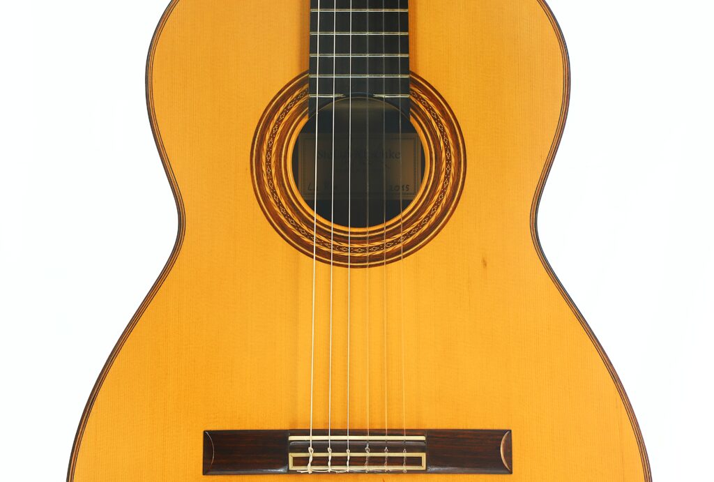 Nahaufnahme des Korpus und der Saiten der „Friederich Klassische Gitarre“ von Stefan Nitschke aus dem Jahr 2015, wobei das Schallloch, das Rosettenmuster und der Holzsteg vor weißem Hintergrund besonders hervorgehoben werden. Nahaufnahme des Korpus und der Saiten der „Friederich Klassische Gitarre“ von Stefan Nitschke aus dem Jahr 2015, wobei das Schallloch, das Rosettenmuster und der Holzsteg vor weißem Hintergrund besonders hervorgehoben werden.