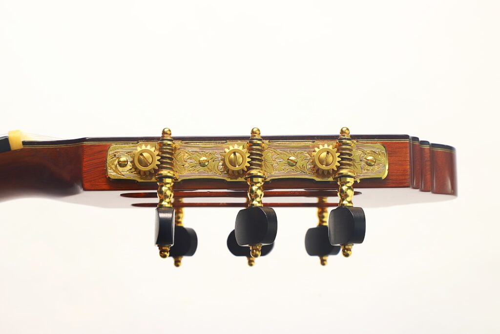 Nahaufnahme der Seitenansicht der Stimmwirbel und des Kopfes einer Antonius Müller „Doubletop Klassische Gitarre“ aus dem Jahr 2012, mit goldenen Zahnrädern und schwarzen Stimmknöpfen vor weißem Hintergrund. Nahaufnahme der Seitenansicht der Stimmwirbel und des Kopfes einer Antonius Müller „Doubletop Klassische Gitarre“ aus dem Jahr 2012, mit goldenen Zahnrädern und schwarzen Stimmknöpfen vor weißem Hintergrund.