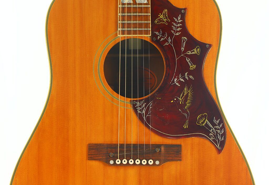 Nahaufnahme der Gibson Hummingbird 1968 Akustikgitarre mit sechs Saiten und einem dekorativen Schlagbrett, das mit Blumen-, Vogel- und Schmetterlingsmotiven verziert ist. Das Holz hat einen warmen, honigfarbenen Farbton, in dessen Mitte sich ein rundes Schallloch befindet. Nahaufnahme der Gibson Hummingbird 1968 Akustikgitarre mit sechs Saiten und einem dekorativen Schlagbrett, das mit Blumen-, Vogel- und Schmetterlingsmotiven verziert ist. Das Holz hat einen warmen, honigfarbenen Farbton, in dessen Mitte sich ein rundes Schallloch befindet.