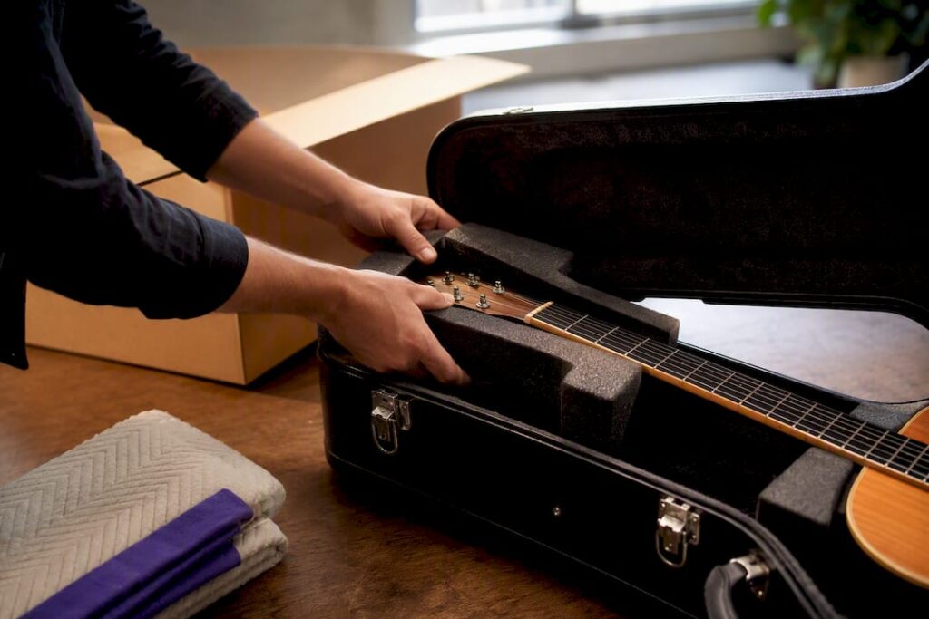 Protective foam around guitar in hard case