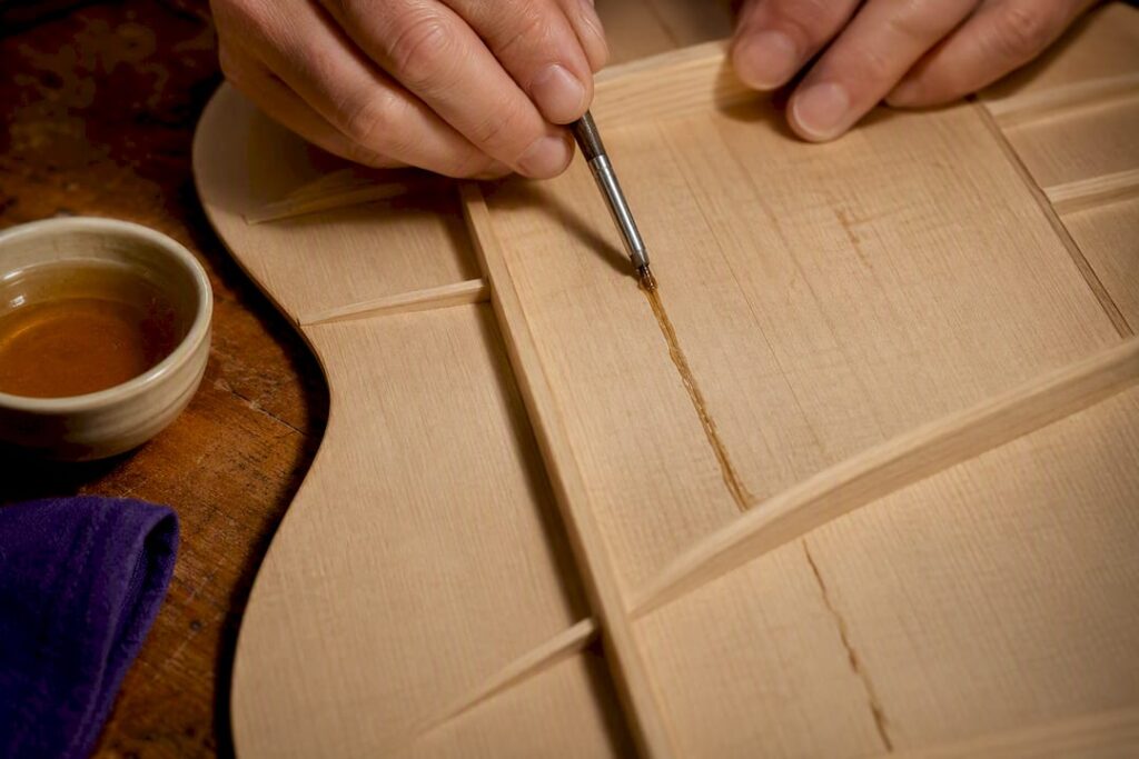 Luthier applying hide glue to guitar crack