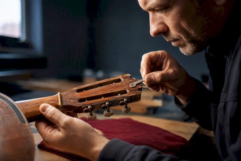 Fachmännische Begutachtung einer Gitarrenkopfplatte