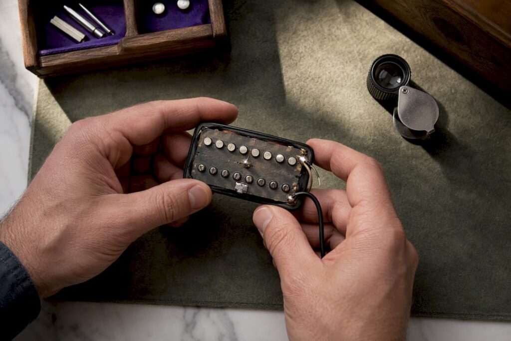 Hands examining a removed pickup underside