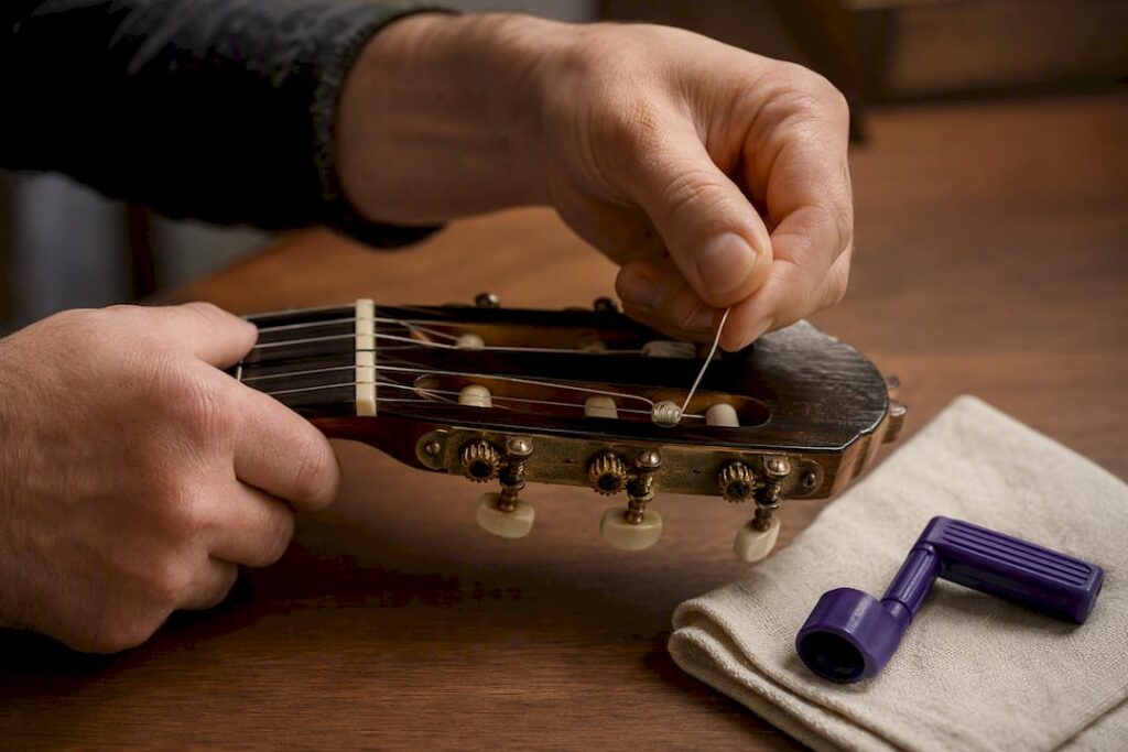Hands changing one guitar string safely