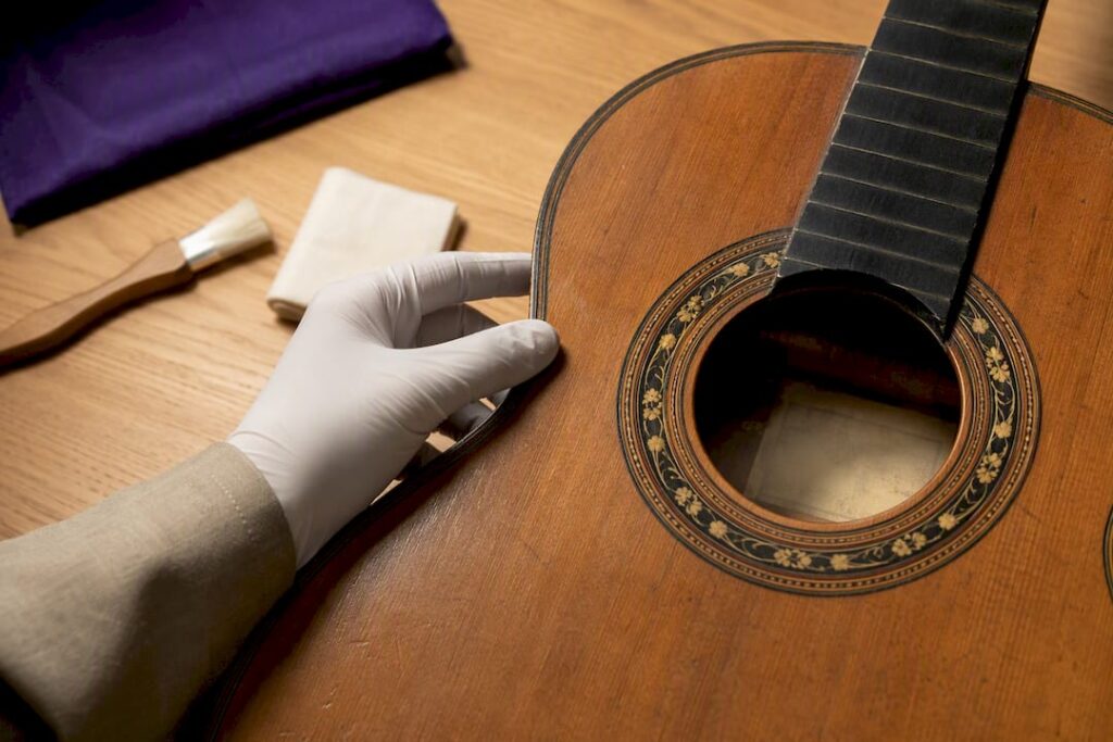 Partial guitar label viewed inside soundhole