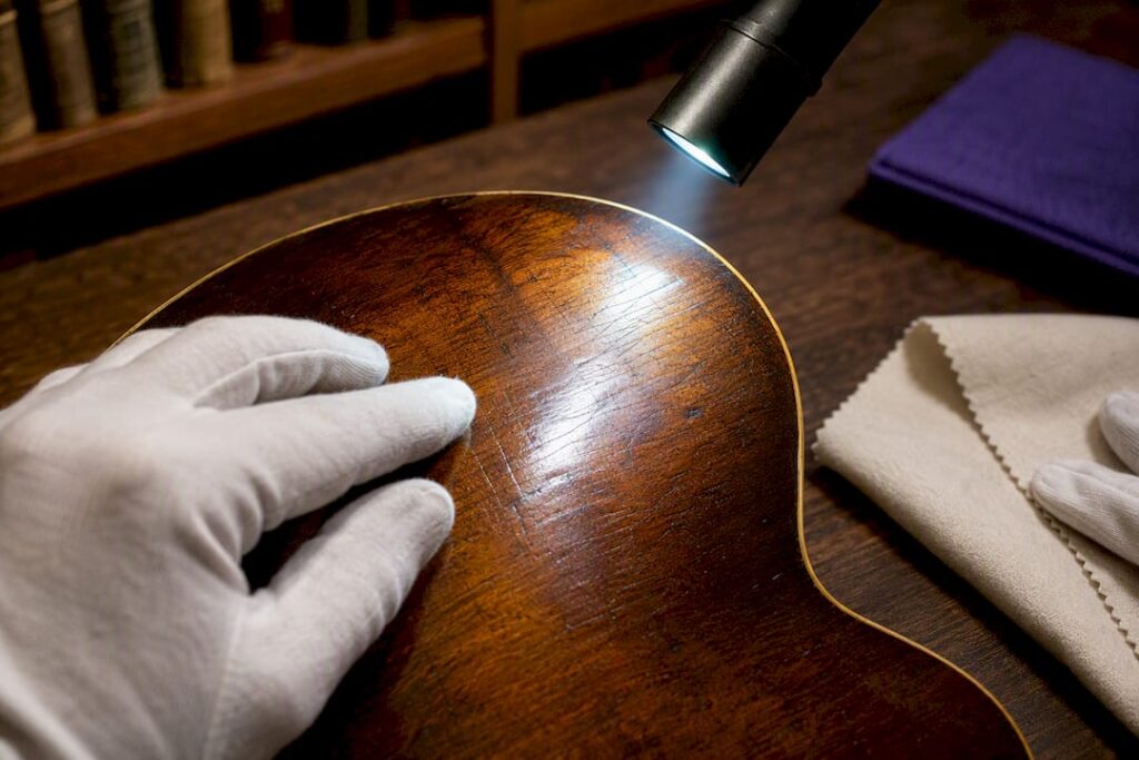Raking light revealing guitar finish details