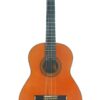 Die „Manuel Raimundo 1991 Especial 202 Klassische Gitarre“ ist eine klassische Akustikgitarre mit einem braunen Holzkorpus, einem schwarzen Griffbrett und sechs Saiten, die aufrecht vor einem weißen Hintergrund präsentiert wird.