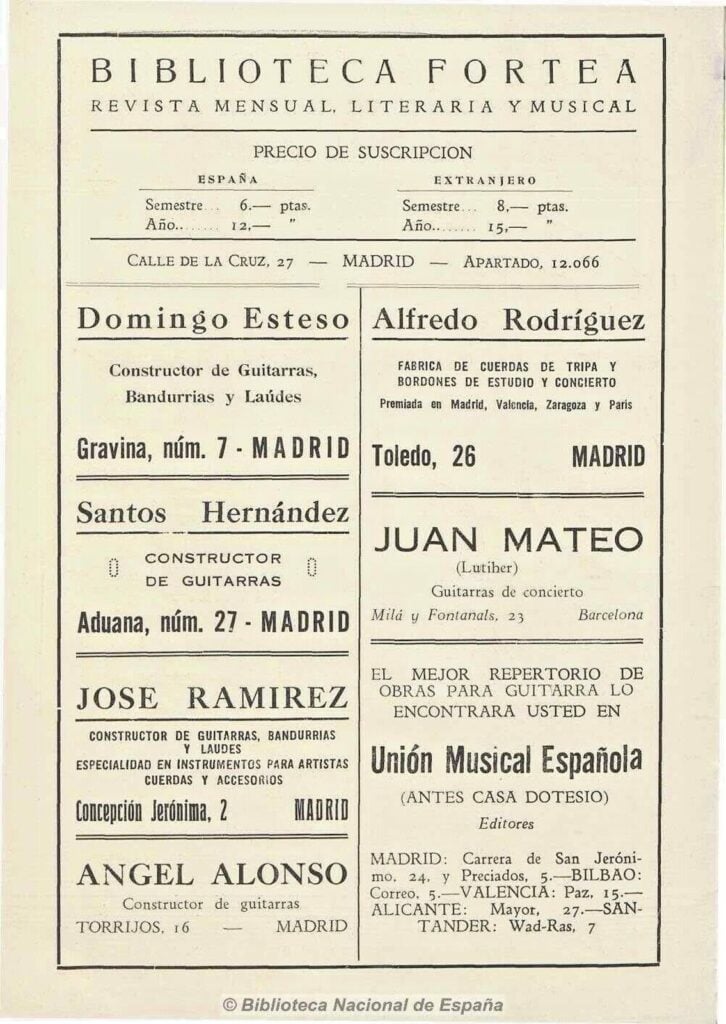 Eine alte Seite aus einer spanischen Zeitschrift mit reinen Textanzeigen in mehreren rechteckigen Feldern mit fettgedruckten Überschriften, darunter eine Anzeige für die „Angel Alonso 1936 Klassische Gitarre“, die Buchbinderei „Santos Hernandez“, ein Musikgeschäft sowie die Abonnementpreise für die „Biblioteca Fortea“. Eine alte Seite aus einer spanischen Zeitschrift mit reinen Textanzeigen in mehreren rechteckigen Feldern mit fettgedruckten Überschriften, darunter eine Anzeige für die „Angel Alonso 1936 Klassische Gitarre“, die Buchbinderei „Santos Hernandez“, ein Musikgeschäft sowie die Abonnementpreise für die „Biblioteca Fortea“.