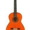 Conde Hermanos 1989 Flamenco-Gitarre mit rot-orangefarbenem Korpus, dunklem Griffbrett und einer verzierten Schalllochrosette. Conde Hermanos 1989 Flamenco-Gitarre mit rot-orangefarbenem Korpus, dunklem Griffbrett und einer verzierten Schalllochrosette.