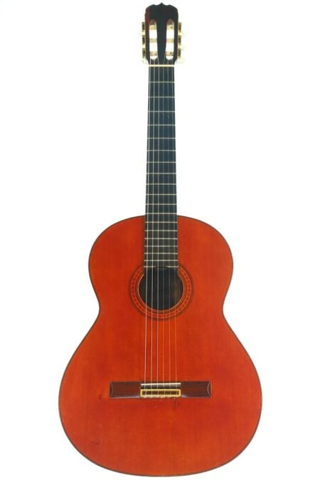 Jose Ramirez 1a 1968 Klassische Gitarre mit einem Korpus aus dunklem Holz, einer runden Rosette um das Schallloch und hellen Stimmwirbeln.